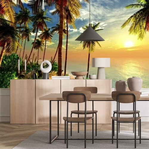Fotobehang Palmbomen zonsondergang strand