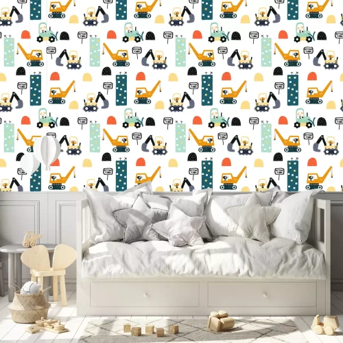 Behang Seamless pattern with dog worker and heavy transports. Kids funny print. Vector hand drawn illustration.