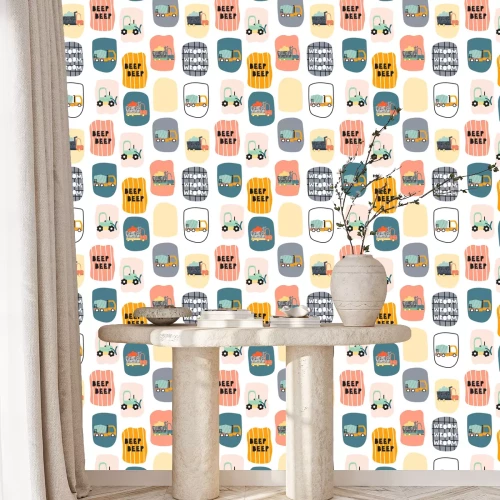 Behang Seamless pattern with funny transport. Trendy kids print. Vector hand drawn illustration.