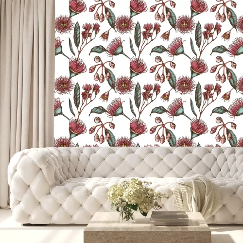 Behang Seamless pattern with hand drawn colored eucalyptus flower
