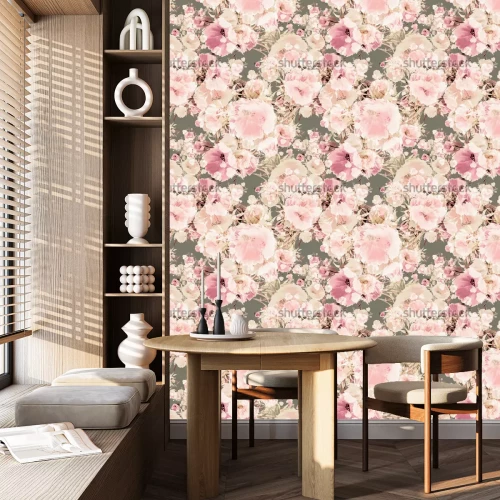 Behang Roze planten op een grijze achtergrond