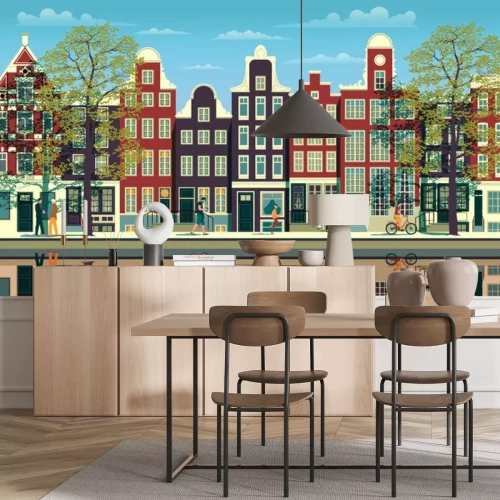 Sticker A street in Amsterdam with traditional buildings, walking people, trees and reflections in the water