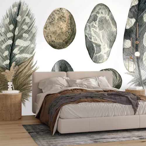 Sticker Waterverfhand getrokken reeks grijze vogelveren en kiezelstenen. Kleurrijke die bohoinzameling op witte achtergrond wordt geïsoleerd