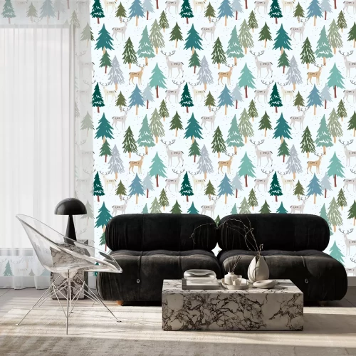 Behang Christmas seamless pattern, white background. Forest deer, green fir, spruce trees. Vector illustration. Nature design. Season greeting digital paper. Winter Xmas holidays. Cute woodland animals