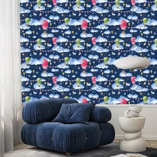 Behang Watercolor pattern with balloons and clouds