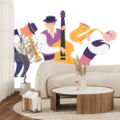 Sticker Cartoon jazz musicians group vector illustration: contrabassist, saxophone and clarinet. People characters playing on musical instruments. Isolated on white background