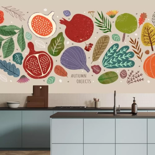 Sticker Vector illustrations of autumn objects: fruits and vegetables, harvest, trees, leaves, plants, pumpkin, pomegranates, figs and nuts. Cute freehand drawings to create a poster or card.