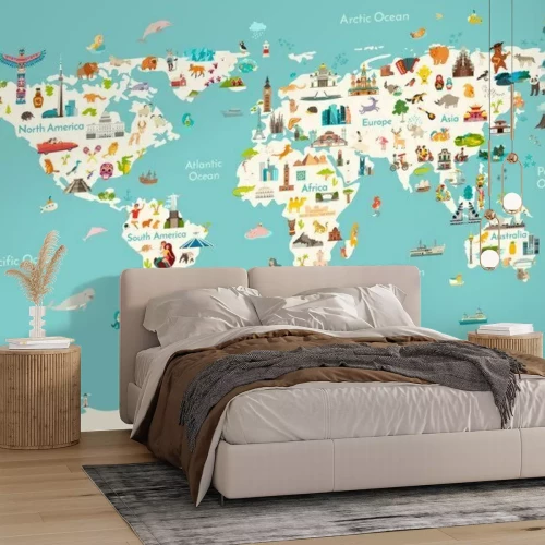 Fotobehang World map vector illustration. Landmarks, sight and animals hand draw icon. World vector poster for children, cute illustrated. Travel concept card