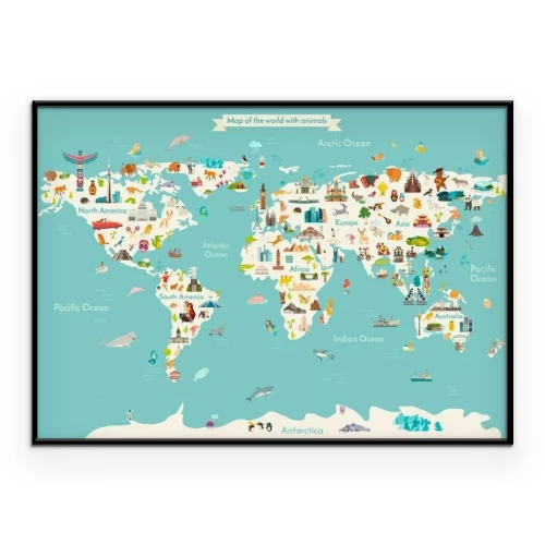 Poster Wereldkaart met symbolen van de afzonderlijke landen