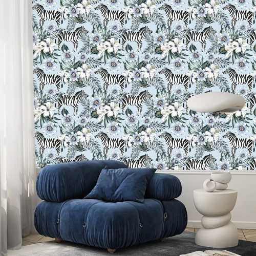 Behang Tropical zebra, palm leaves, hibiscus, passion flowers bouquets, light blue background. Vector seamless pattern. Graphic illustration. Exotic jungle. Summer beach floral design. Paradise nature