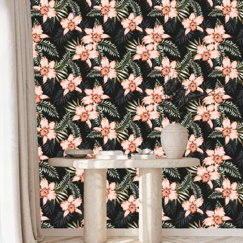 Behang Tropical orchid flowers and palm leaves bouquets, black background. Vector seamless pattern. Jungle foliage illustration. Exotic plants. Summer beach floral design. Paradise nature