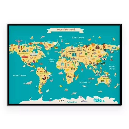 Poster Een cartoonachtige wereldkaart met dieren en landspecifieke bezienswaardigheden.