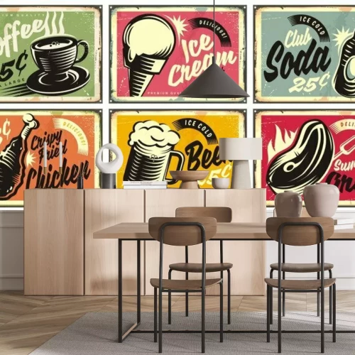Sticker Food and drinks vintage restaurant signs collection. Set of retro advertisements for coffee, beer, ice cream, club soda, grill and fried chicken. Vector illustration.