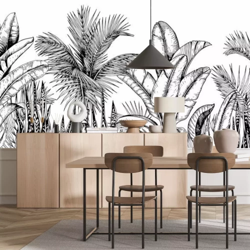 Sticker Struikgewas van tropische planten zwart-wit tekening