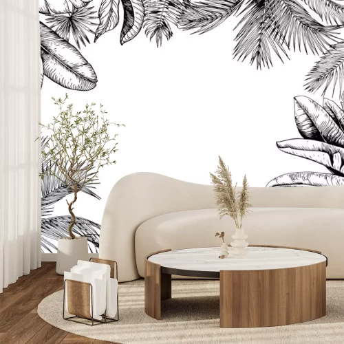 Sticker Zwart-wit frame met bladeren van tropische planten