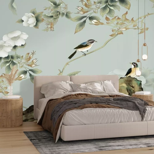 Fotobehang Vogels zitten op takken met witte bloemen