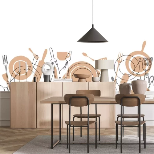 Sticker Horizontal Cooking Pattern. Background with utensils. Continuous line drawing. Vector illustration. 