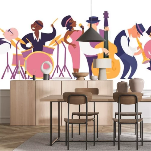 Sticker Jazz band vector colorful illustration. Cartoon jazz musicians set: contrabassist, saxophone, drum, clarinet, banjo player and singer. Isolated on white background