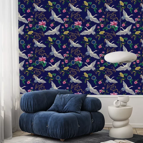 Behang Kranen tijdens de vlucht en bloemen