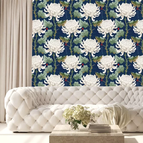 Behang Seamless background with Japanese chrysanthemums and ornament on backdrop. Inscription Autumn garden of chrysanthemums.