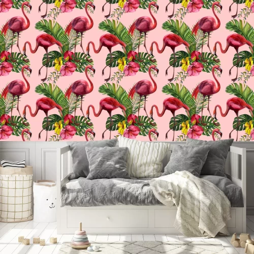 Behang Vogels flamingo's en exotische bloemen