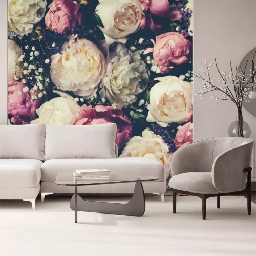 Fotobehang Pioenrozen op een vintage foto