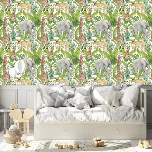 Behang Hand drawn colorful seamless pattern with watercolor wild exotic animals, palm leaves, exotic plants, pineapples and banana leaves. Summer repeated background