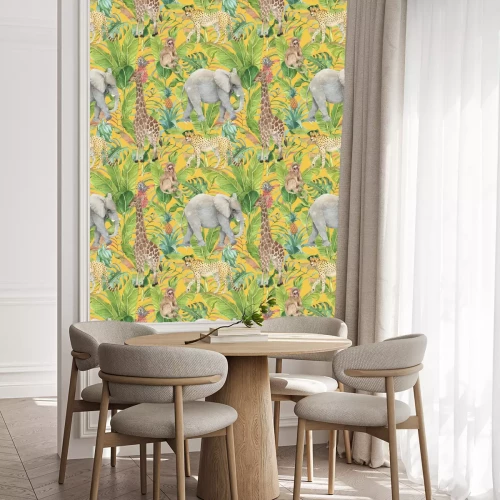 Behang Hand drawn colorful seamless pattern with watercolor wild exotic animals, palm leaves, exotic plants, pineapples and banana leaves. Summer repeated background
