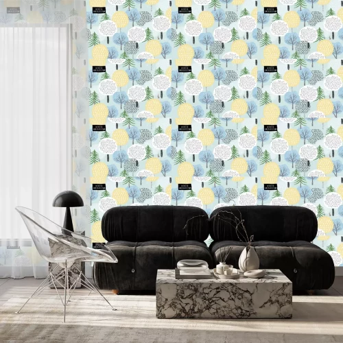 Behang Cute vector pattern of winter trees, spruce and snow. Background for the holidays of the new year and Christmas. Drawn by hand forest