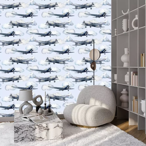 Behang Waterverf vliegtuigen op een achtergrond van blauwe lucht met wolken