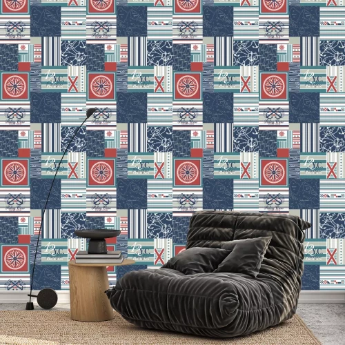 Behang Nautical and sailing elements patchwork vector seamless pattern wallpaper