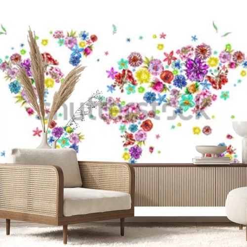 Sticker Waterverfillustratie van wereldkaart in bloemen