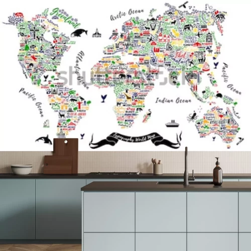 Sticker Typografie Wereldkaart. Reisposter met steden en bezienswaardigheden. Inspirerende vectorillustratie.