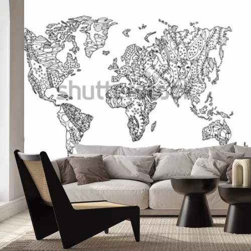 Sticker wereldkaart dierlijk wild wildlife bloem bloemschikken ontwerp vector illustratie hand getrokken