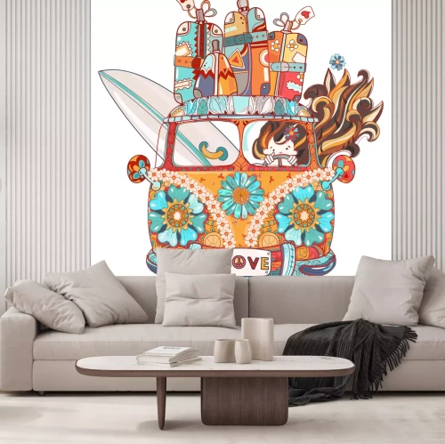 Sticker Hand getrokken doodle schets retro bus reizen versierd met ornamenten vooraanzicht. Vector zen kunst illustratie. Bloemen versiering. Schets voor tatoeage of print Boho stijl.