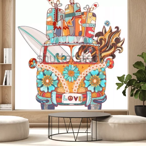 Sticker Hand getrokken doodle schets retro bus reizen versierd met ornamenten vooraanzicht. Vector zen kunst illustratie. Bloemen versiering. Schets voor tatoeage of print Boho stijl.