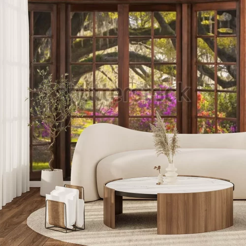 Fotobehang Prachtig uitzicht op de natuur vanuit het raam. 3D illustratie