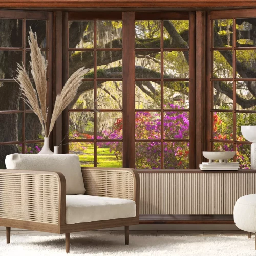 Fotobehang Prachtig uitzicht op de natuur vanuit het raam. 3D illustratie