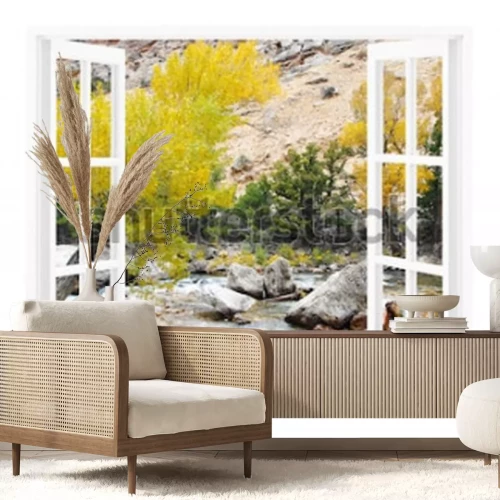 Fotobehang Een open raam met prachtige natuur op de achtergrond