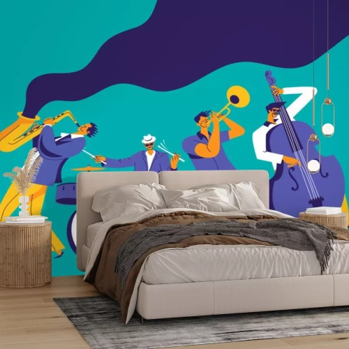 Sticker Jazz quartet. Funky musicians with saxophone, trumpet, drums and bass. Modern flat colors illustration.