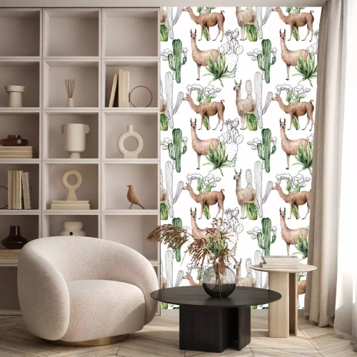 Behang Watercolor seamless pattern with llama and desert cacti. Hand painted botanical illustration with lama animal and plants on blue background. For design, print, fabric or background.