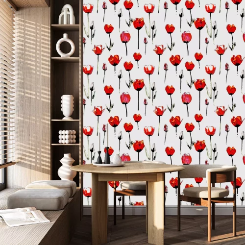 Behang Rode tulpen in vintage stijl op grijze achtergrond