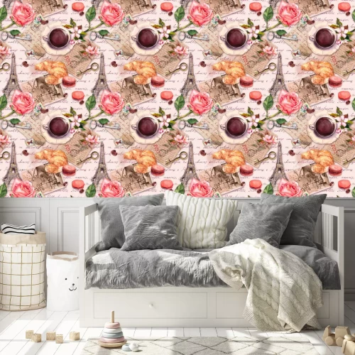 Behang Hand written letters, Eiffel Tower, coffee or tea cup, macaroon cakes, rose flowers, stamps and keys. Vintage seamless pattern