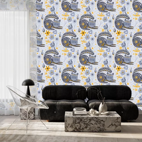 Behang Patroon katten en vogels