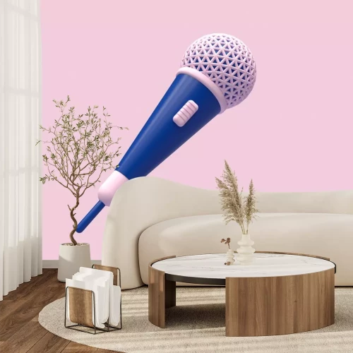 Sticker pink blue microphone cartoon style 3d rendering technology digital concept