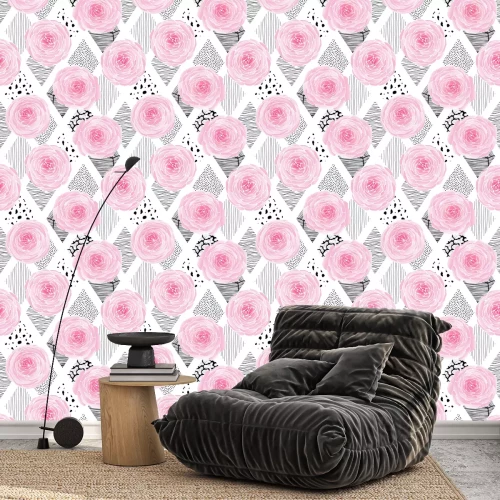 Behang Engelse rozen en zwarte en witte diamanten