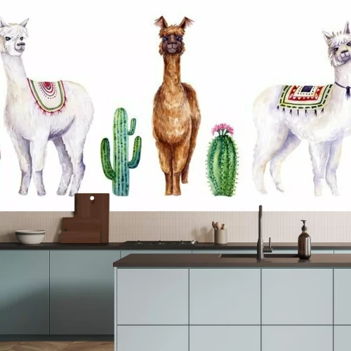 Sticker Set of watercolor alpacas and cactus. Colorful illustration isolated on white. Hand painted animals and plants perfect for card making, wallpaper, fabric textile, interior design
