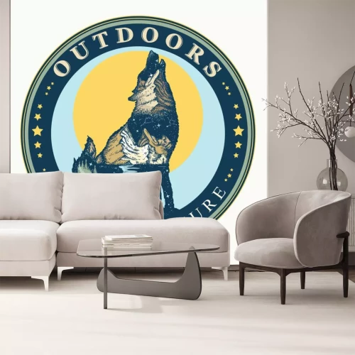 Sticker Wolf double exposure. Outdoor. Call of nature slogan. Symbol of tourism and travel