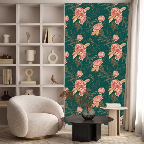 Behang Hand drawn watercolor seamless pattern with pink peony and decorative plants. Repeat background illustration