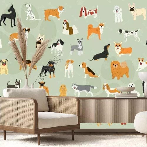 Fotobehang Honden van verschillende rassen op een groene achtergrond